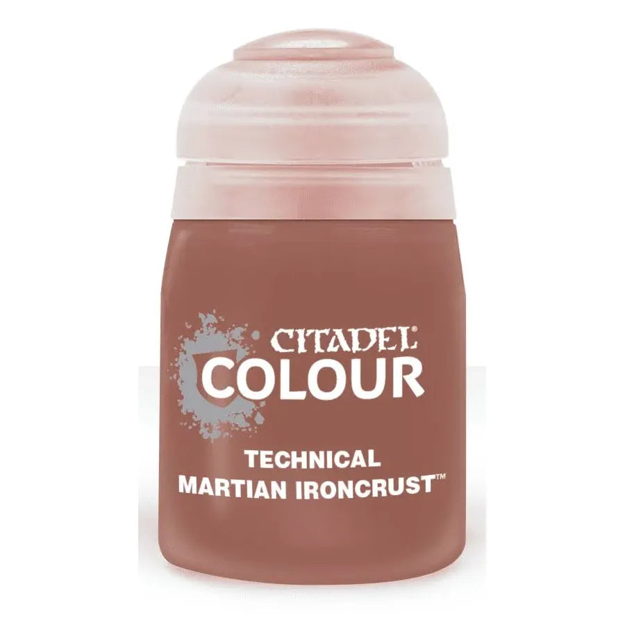 Close-up of Citadel Colour Martian Ironcrust technical paint bottle showing the textured black paint used for modeling.