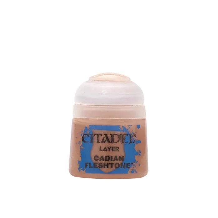 Cadian Fleshtone Layer Paint by Citadel Colour, a creamy flesh tone for miniature painting, shown in a small bottle with cap.