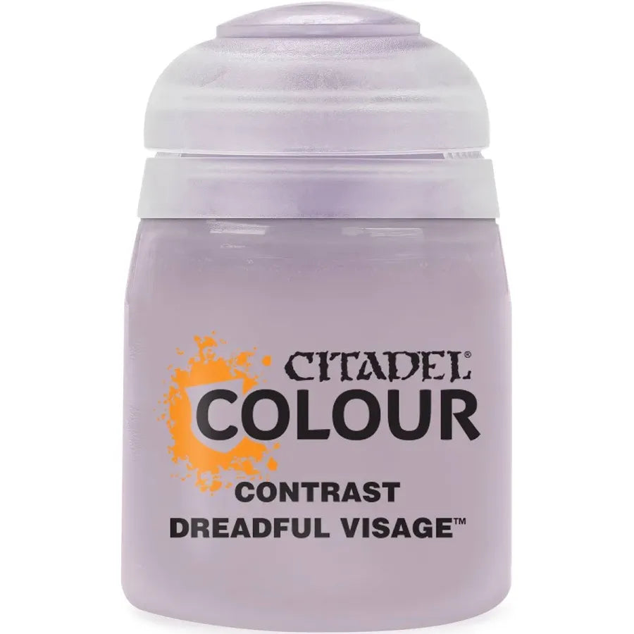 Dreadful Visage Contrast Paint by Citadel Colour, showcasing a small bottle of dark, eerie paint for miniatures and model detailing.