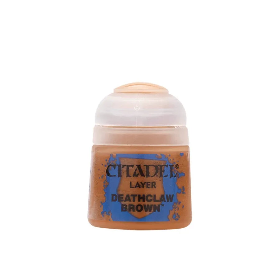 Deathclaw Brown layer paint bottle by Citadel Colour, with the label visible, used for miniature painting and detailing.
