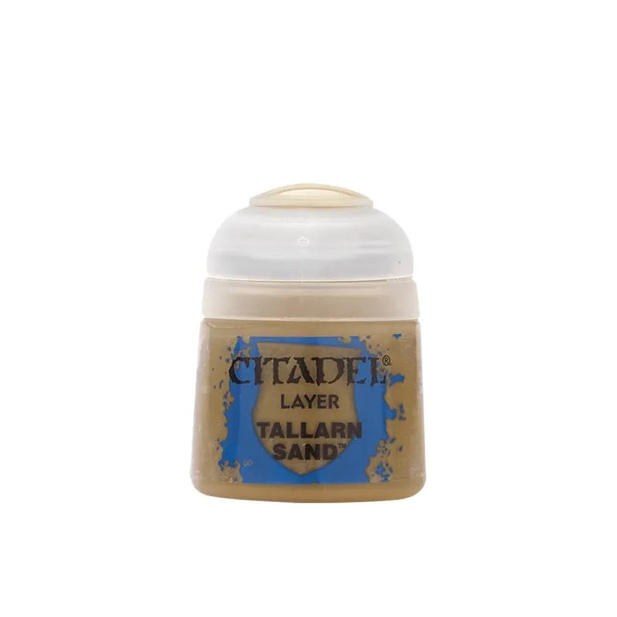 Tallarn Sand layer paint by Citadel Colour, shown in a small bottle with label, used for base coating miniature models.