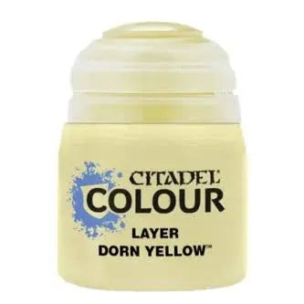 Citadel Colour Dorn Yellow layer paint bottle for miniature painting, featuring bright yellow paint in a small container.