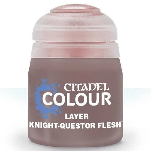 Citadel Colour Knight Questor Flesh layer paint bottle with label visible, used for painting miniatures and fantasy models.