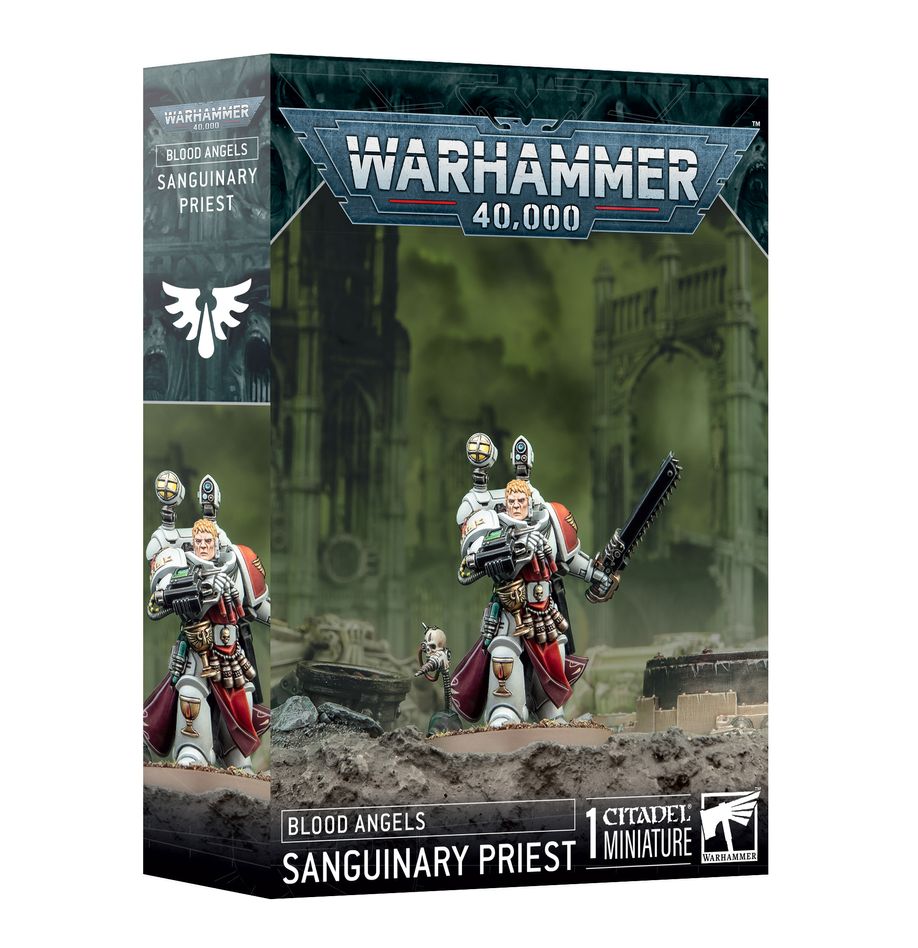 Warhammer 40000 Blood Angels Sanguinary Priest model kit box.