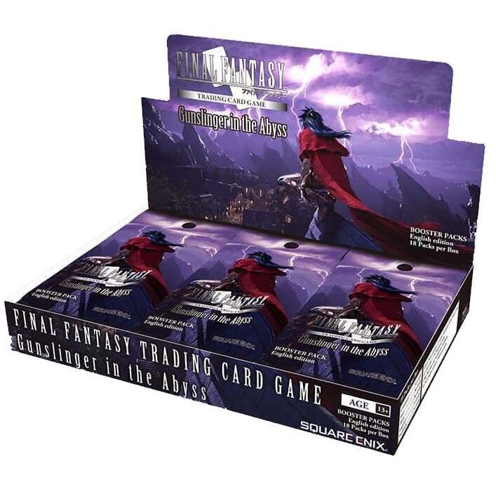 Box of Final Fantasy trading card game booster packs featuring a character in red cape.