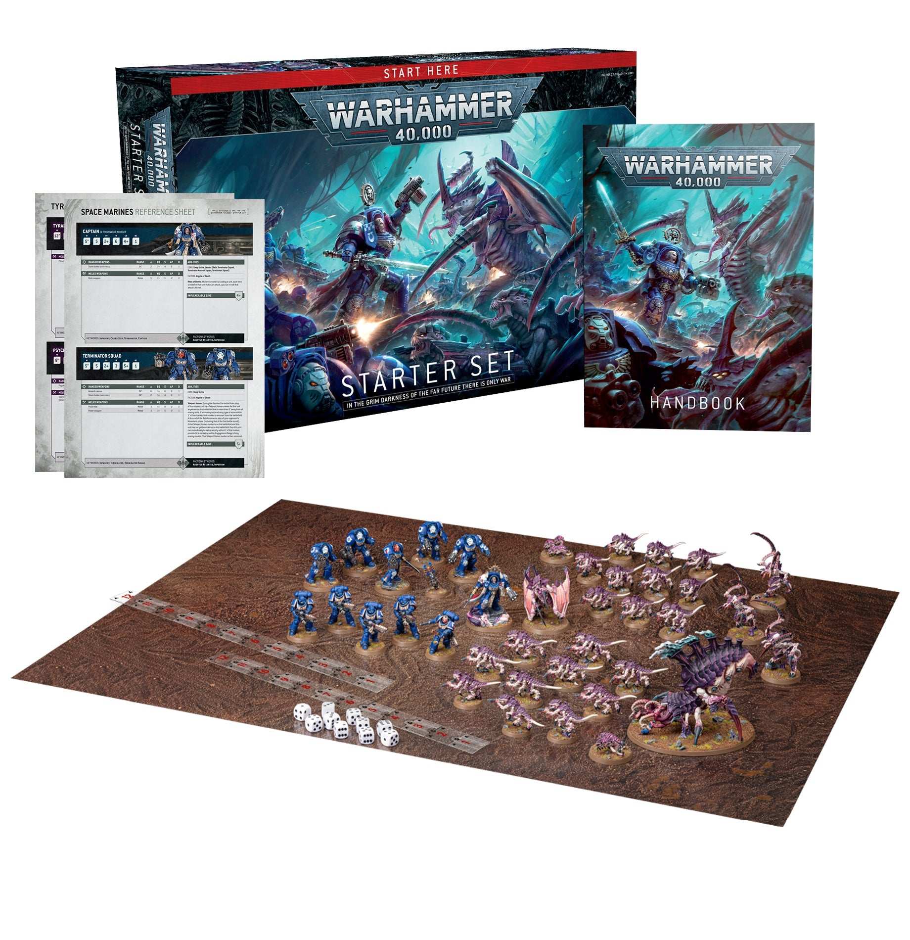 Warhammer 40000: Starter Set with miniatures, handbook, gaming mat, and accessories displayed.
