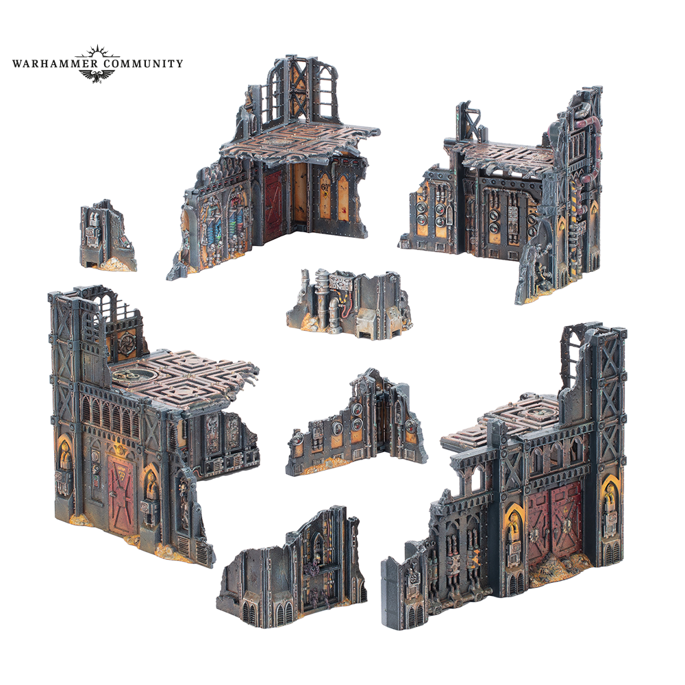 Battlefields: Armageddon ready-painted terrain set for Warhammer 40K, featuring detailed scenery pieces for tabletop gaming.