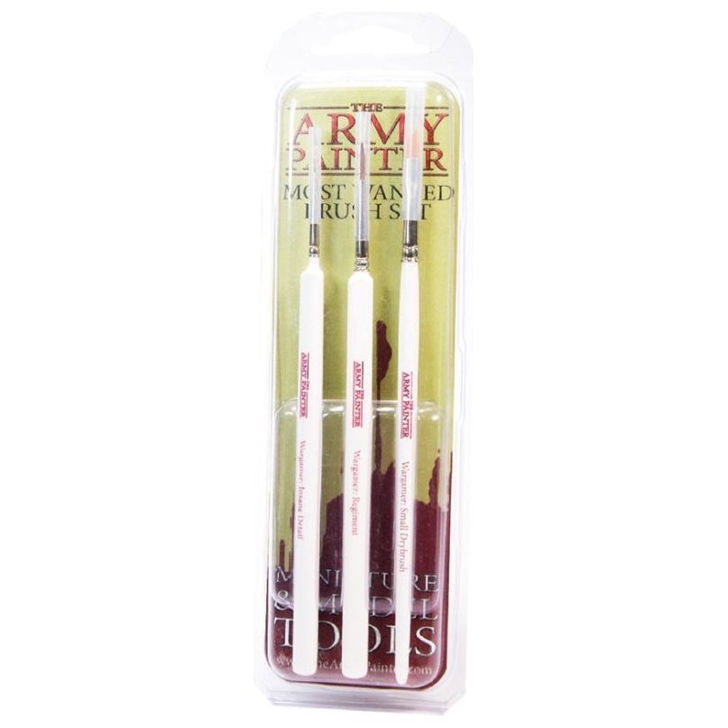 The Army Painter Most Wanted Brush Set in packaging, featuring three high-quality brushes for precision painting.