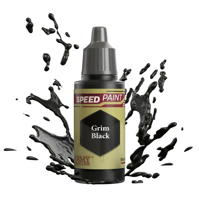 The Army Painter Speedpaint Grim Black bottle with splashes, one-coat acrylic paint for miniatures.
