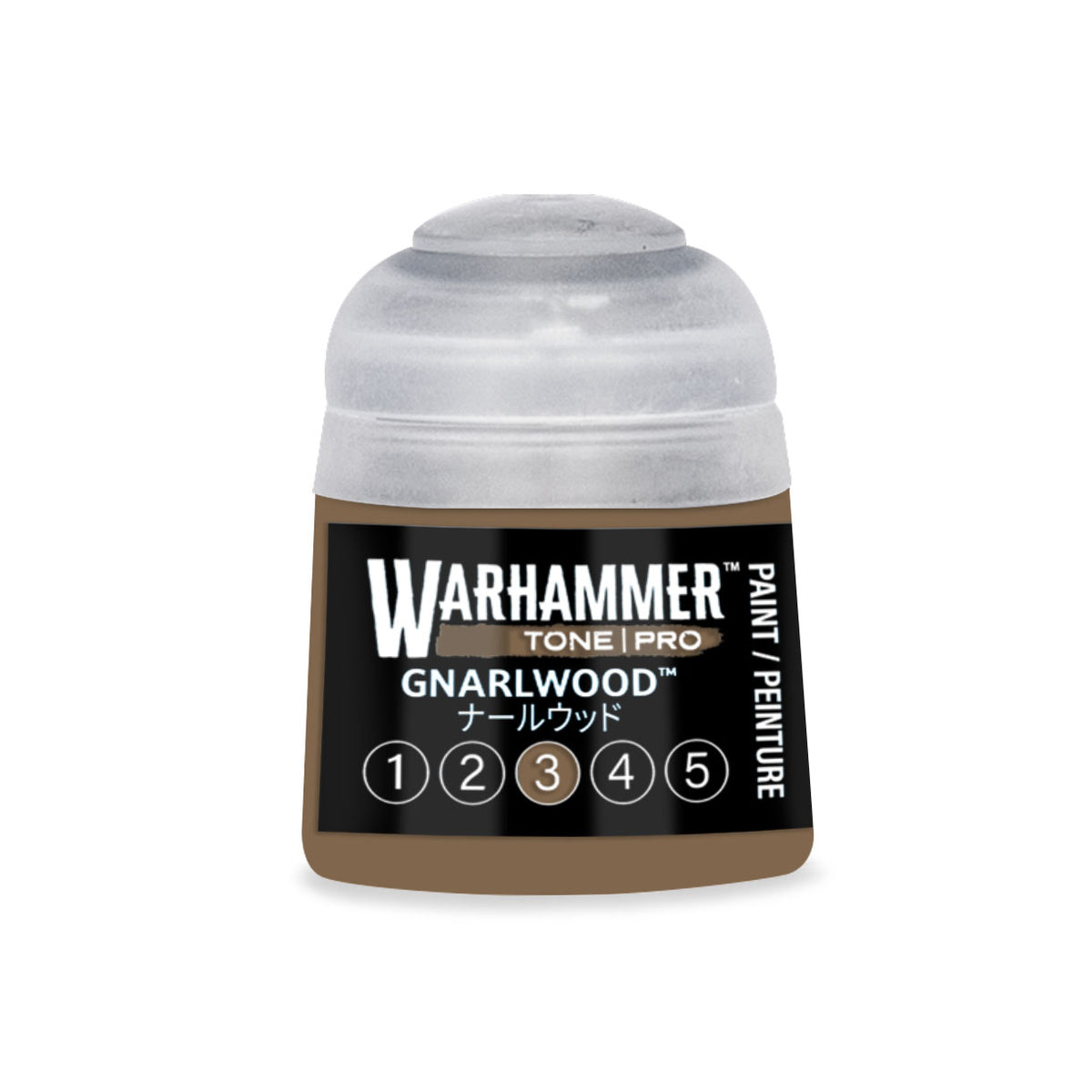Citadel Colour Gnarlwood 3 Warhammer Tone Pro miniature paint bottle, 12ml, with label and paint cap visible.