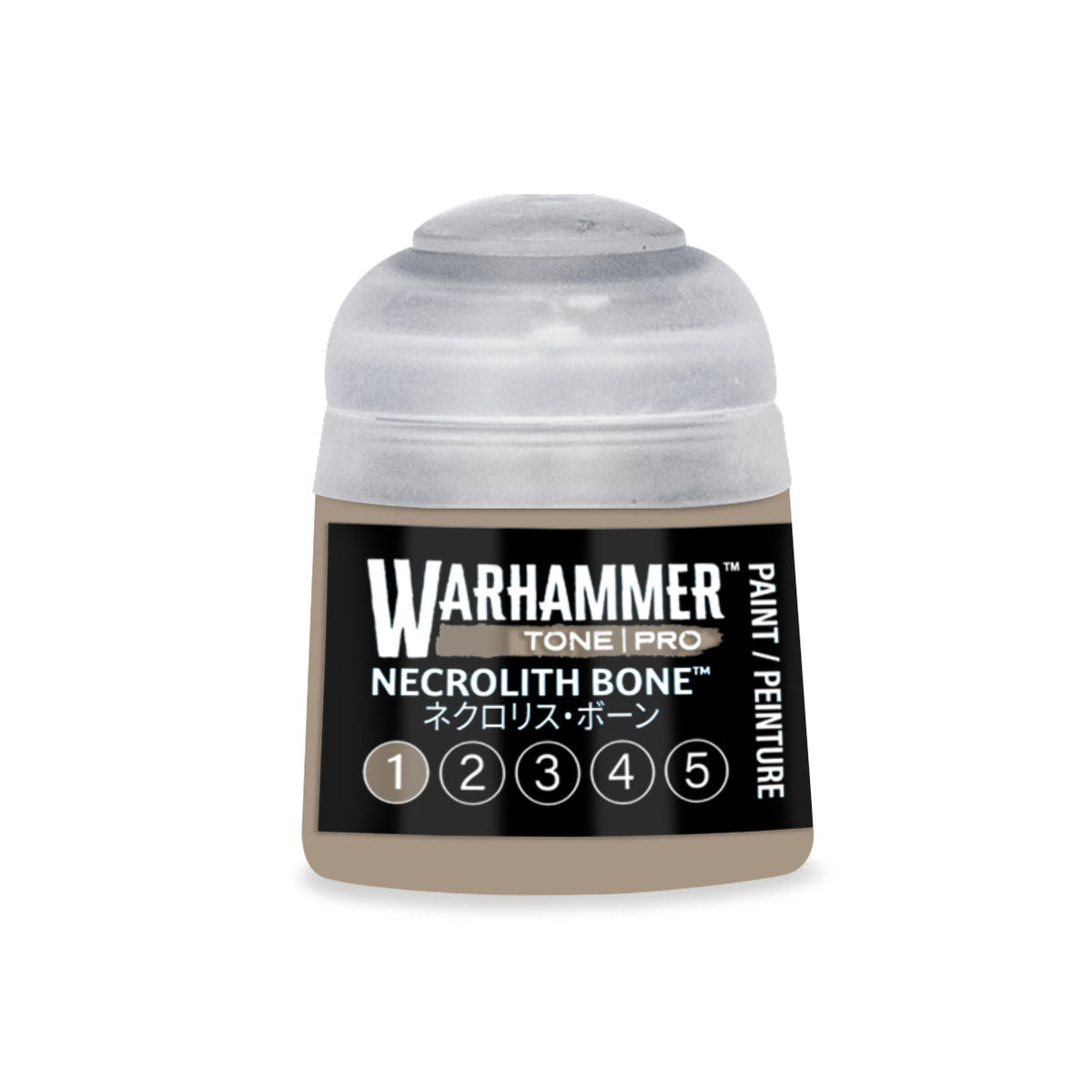 Necrolith Bone 1 Warhammer Tone Pro miniature paint by Citadel Colour, 12ml bottle with label and cap visible.
