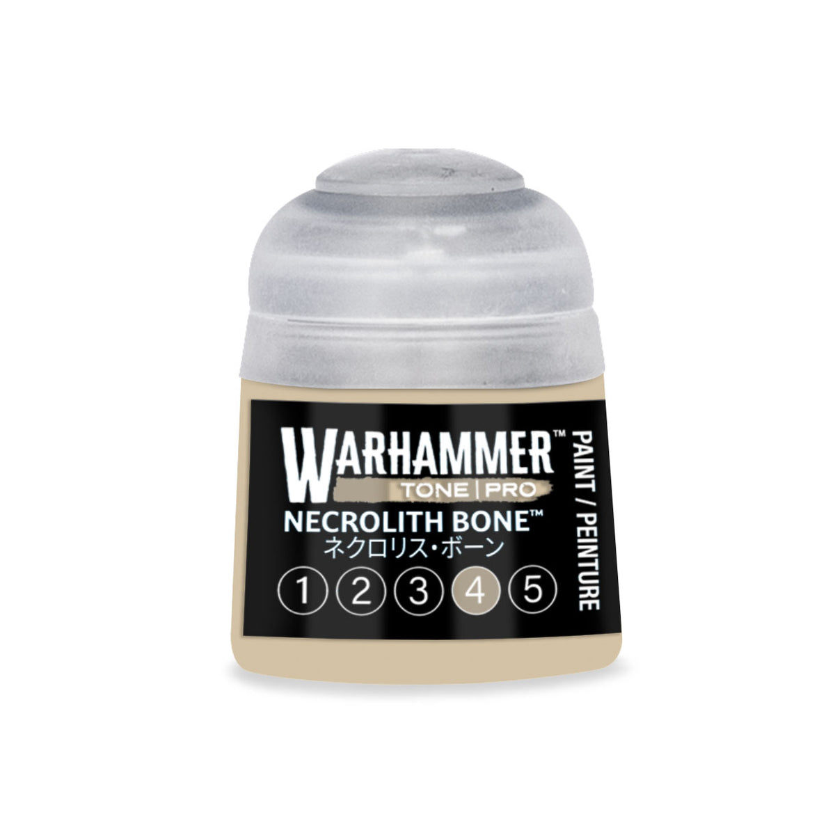 Citadel Colour Necrolith Bone 4 Warhammer Tone Pro miniature paint in 12ml bottle, featuring a label and cap.