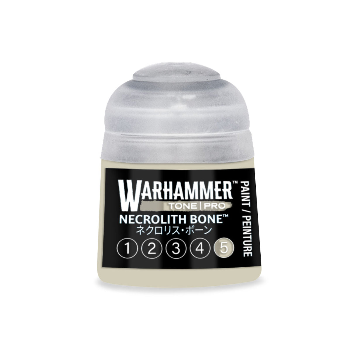 Citadel Colour Necrolith Bone 5 Warhammer Tone Pro miniature paint in 12ml bottle, showing the light bone-colored paint inside.