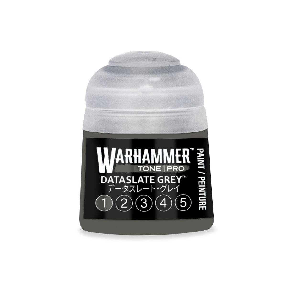 Miniature paint bottle of Citadel Colour Warhammer Tone Pro in Dataslate Grey, 12ml, with label and cap visible.