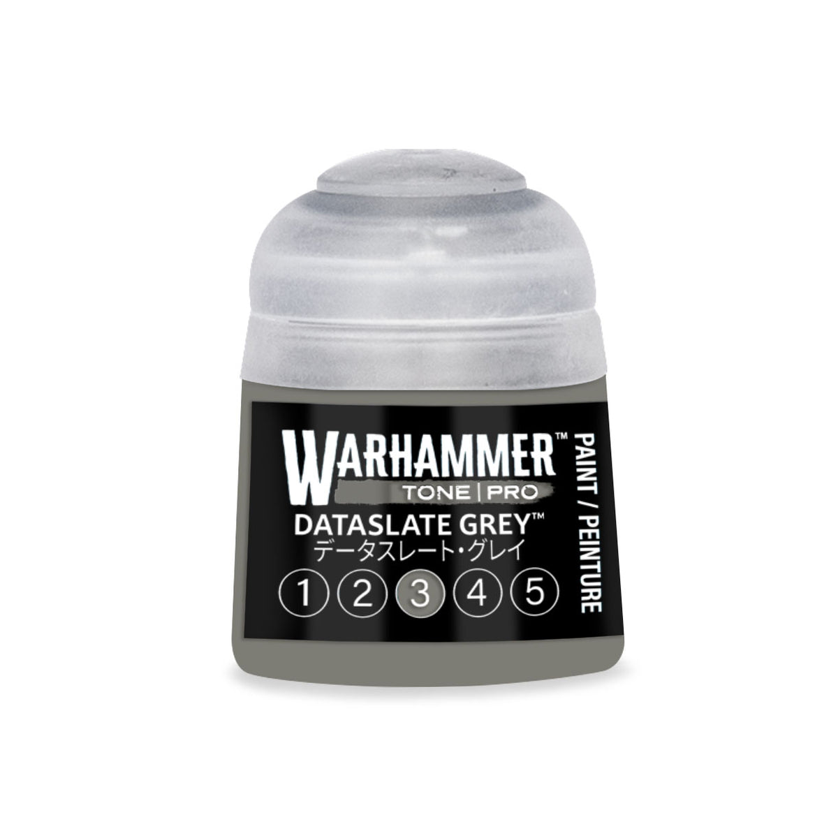 Miniature paint bottle of Citadel Colour Dataslate Grey 3 Tone Pro Warhammer paint, 12ml size, with label and cap visible.