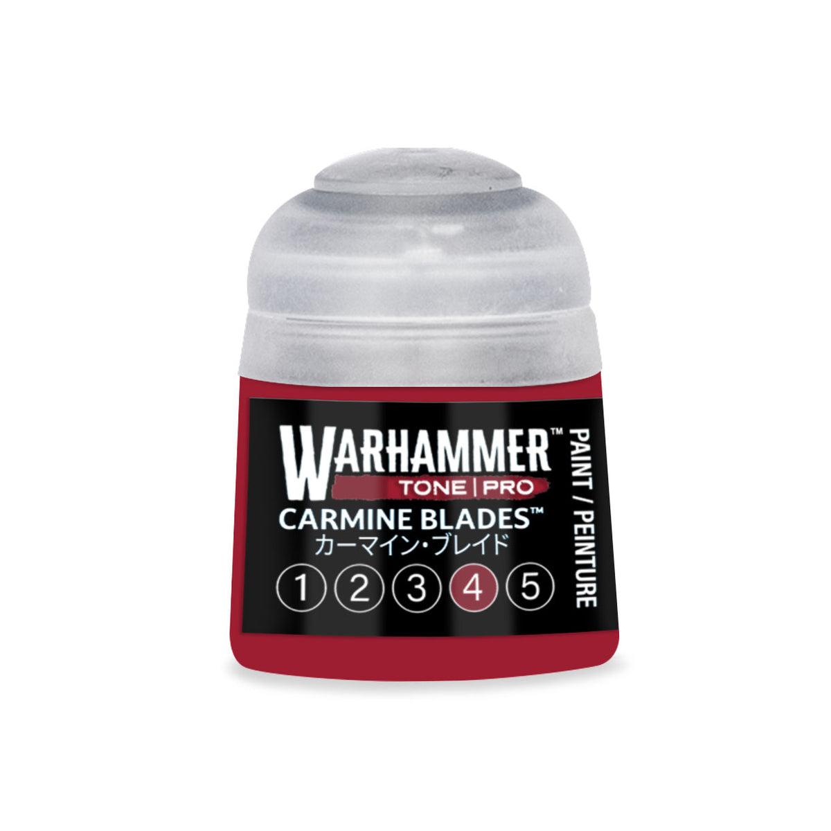 Carmine Blades 4 Warhammer Tone Pro miniature paint by Citadel Colour in a 12ml bottle, shown with vibrant red tone and paint cap.