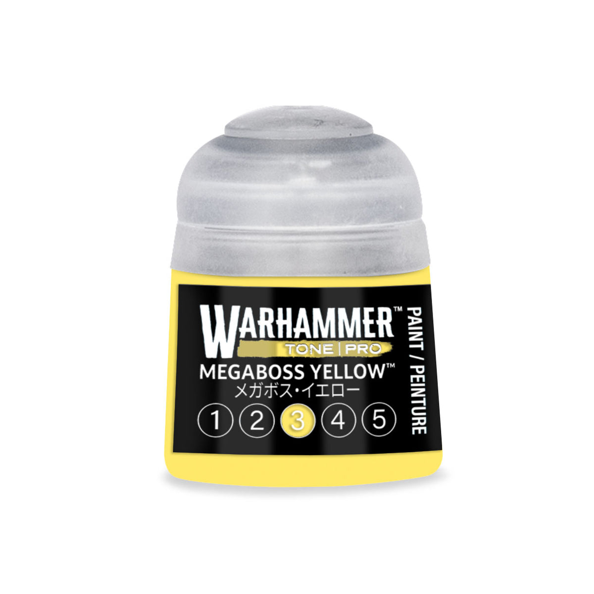 Citadel Colour Megaboss Yellow 3 Warhammer Tone Pro miniature paint bottle, 12ml, with yellow paint inside and label visible.