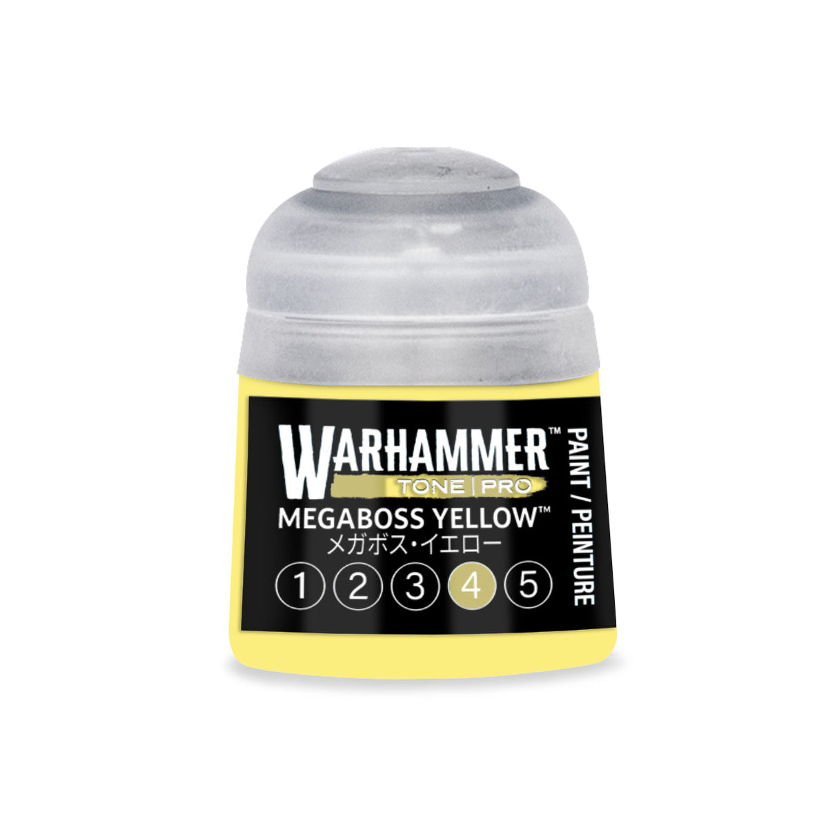 Citadel Colour Megaboss Yellow 4 Warhammer Tone Pro miniature paint, 12ml bottle with yellow paint inside.