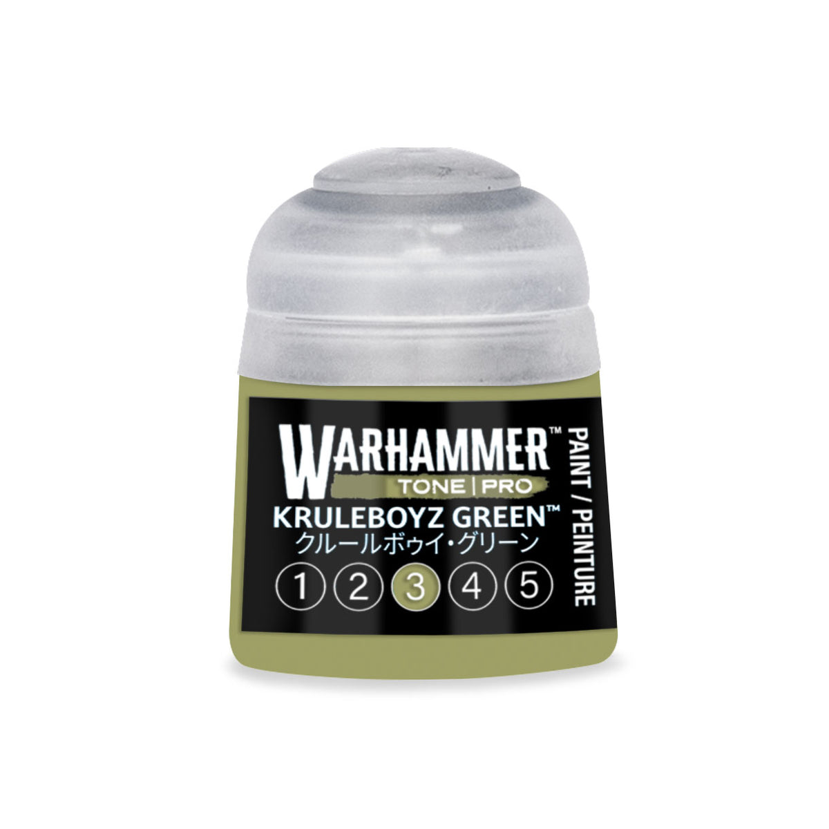 Kruleboyz Green 3 Warhammer Tone Pro miniature paint by Citadel Colour in 12ml bottle, showing the vibrant green paint color and label.
