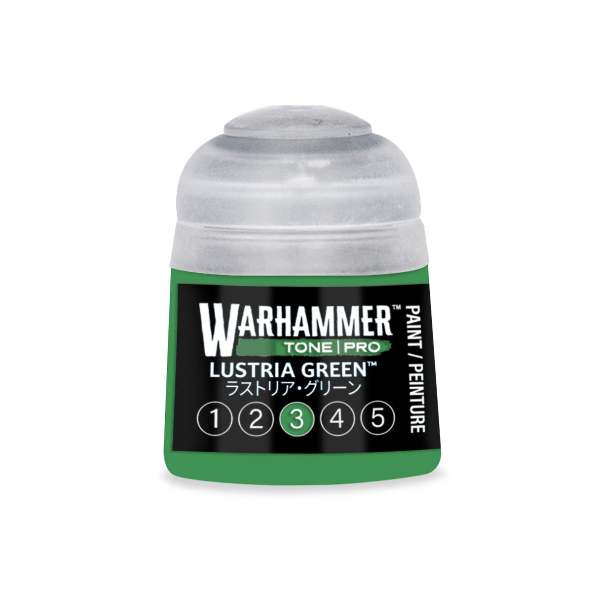 Citadel Colour Lustria Green 3 Warhammer Tone Pro miniature paint bottle, 12ml, with green hue and product label visible.