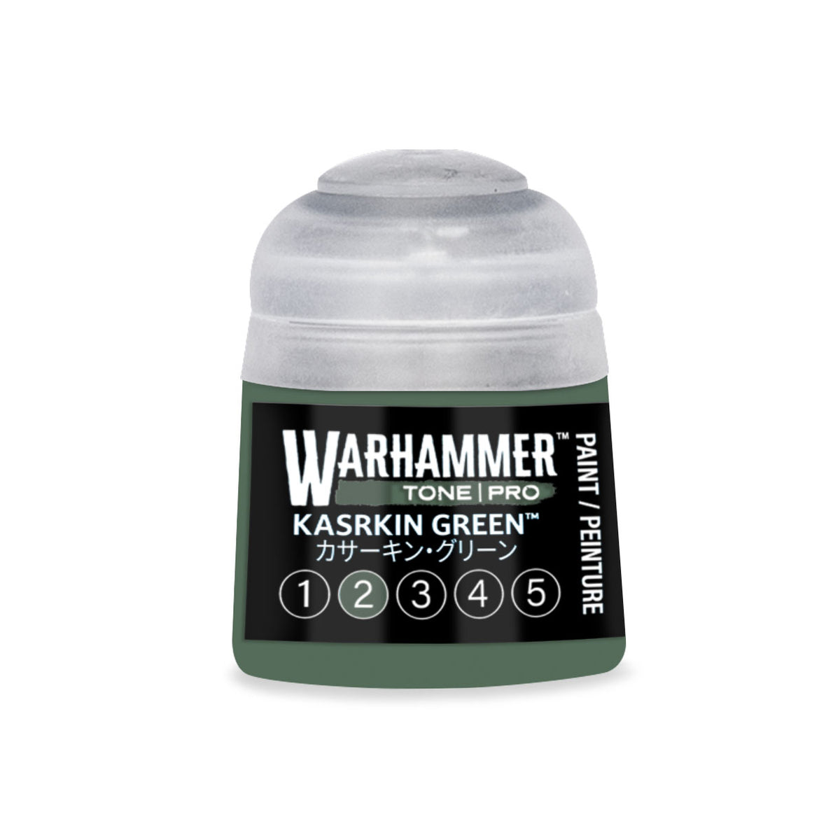 Citadel Colour Warhammer Tone Pro Paint in Kasrkin Green 12ml miniature paint bottle, featuring vibrant green tone for miniature models