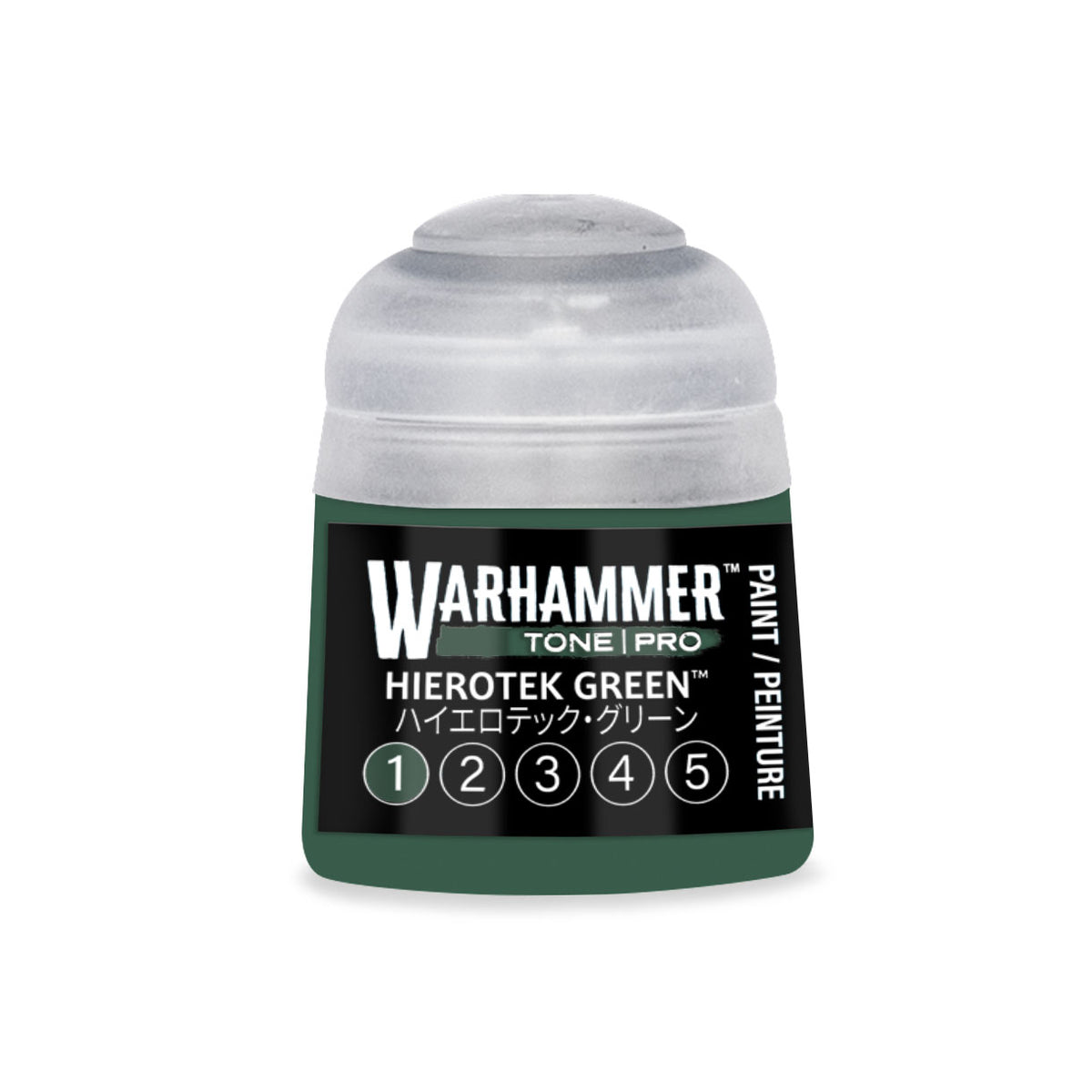 Green Warhammer Tone Pro miniature paint by Citadel Colour, 12ml bottle of Hierotek Green 1 for model detailing and shading.