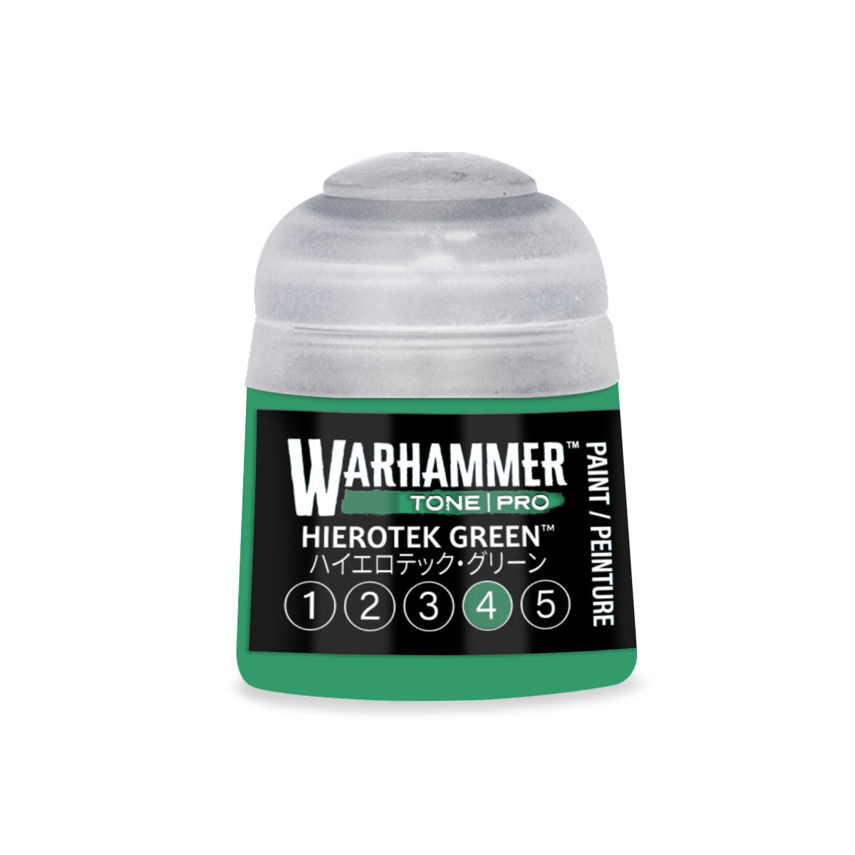 Green Citadel Colour Hierotek Green 4 Warhammer Tone Pro miniature paint 12ml bottle with label visible.