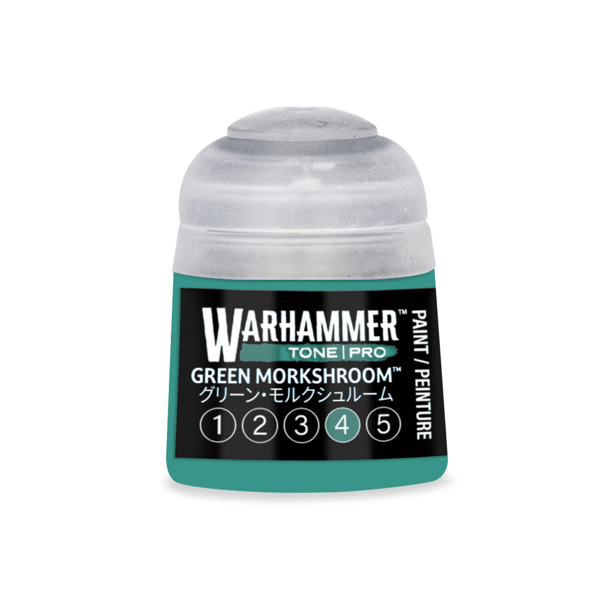 Green Morkshroom 4 Warhammer Tone Pro miniature paint by Citadel Colour in 12ml bottle, featuring a greenish hue for Warhammer models.