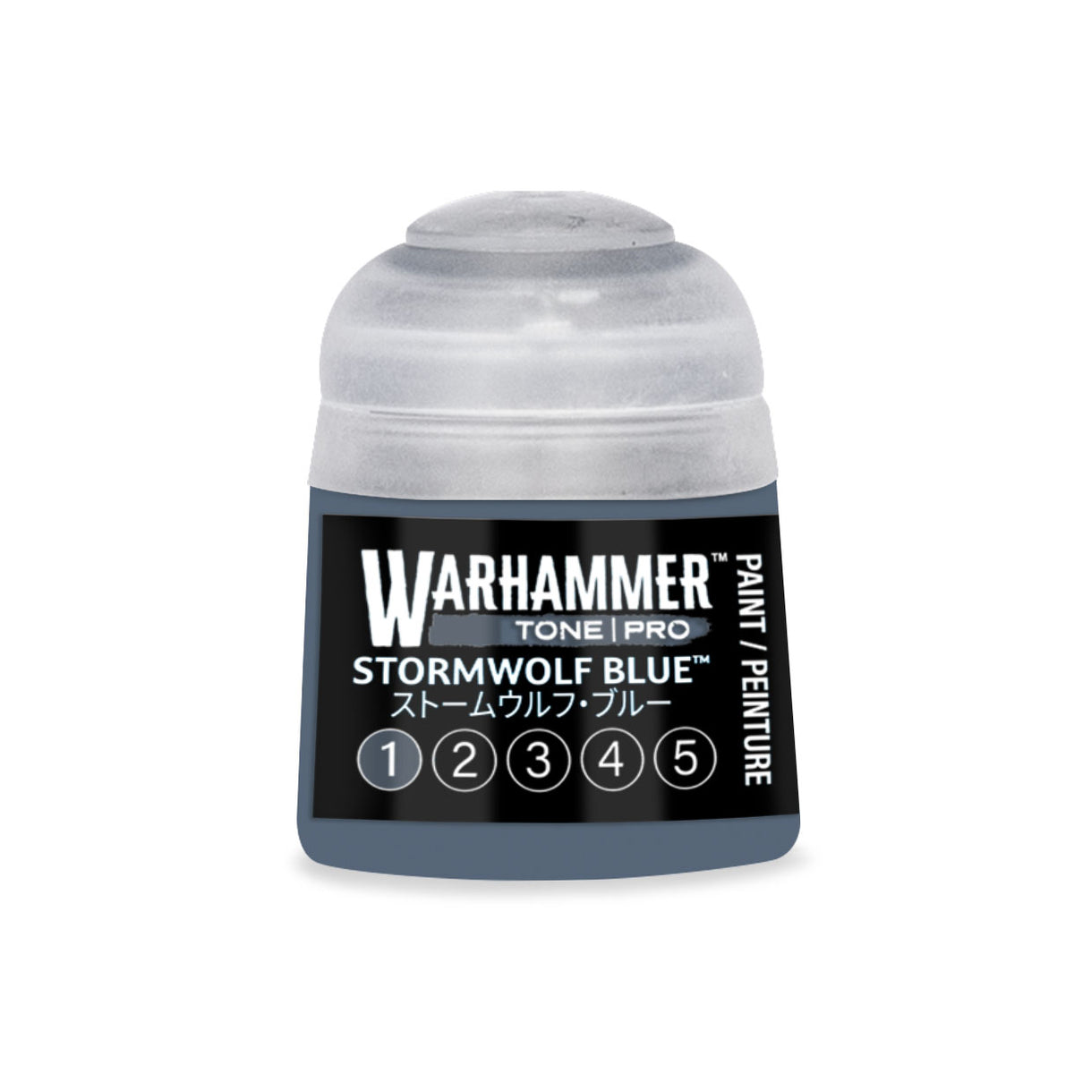 Blue miniature paint bottle from Citadel's Warhammer Tone Pro series, 12ml, used for detailed miniature painting.