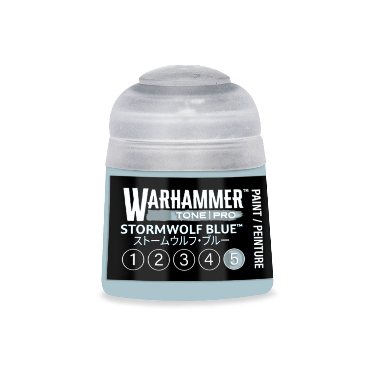 Blue Warhammer Tone Pro miniature paint bottle from Citadel Colour, 12ml, with label showing the Stormwolf Blue 5 shade.