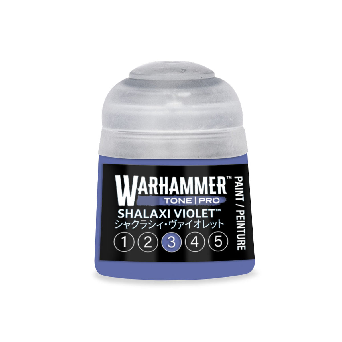 Violet 3 Warhammer Tone Pro miniature paint by Citadel Colour in 12ml bottle with vibrant purple hue and label detail.