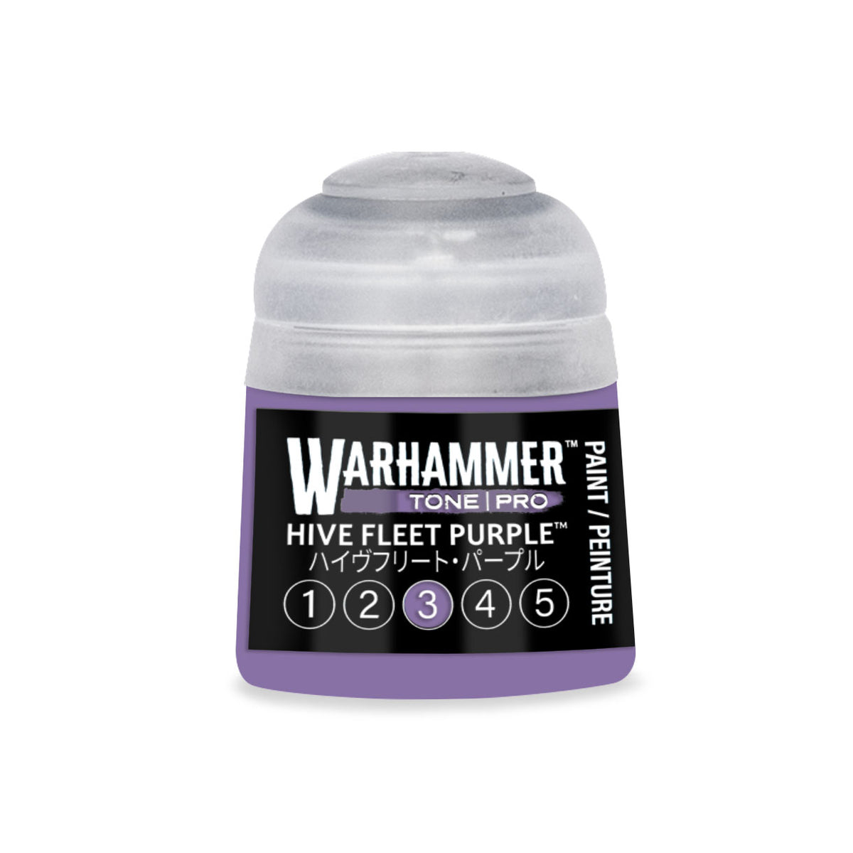 Citadel Colour Hive Fleet Purple 3 Tone Pro miniature paint bottle, 12ml, for Warhammer models, with purple hue label.