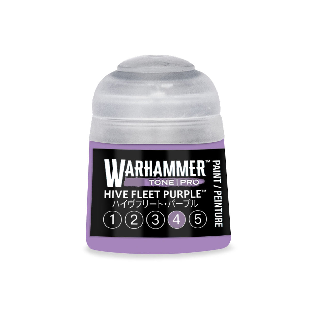 Citadel Colour Hive Fleet Purple 4 Tone Pro miniature paint bottle from Warhammer, 12ml, with purple hue and tonal shading.