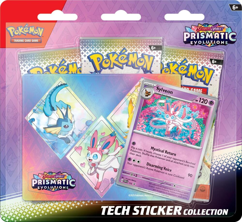 Pokemon: Prismatic Evolutions Tech Sticker Collection with Promo card, Tech sticker, and Prismatic TCG packs.