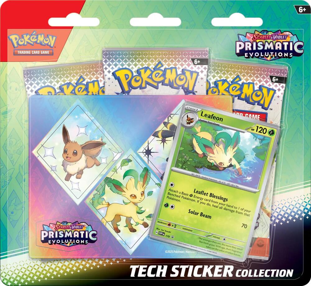 Pokemon: Prismatic Evolutions Tech Sticker Collection with promo card and stickers.