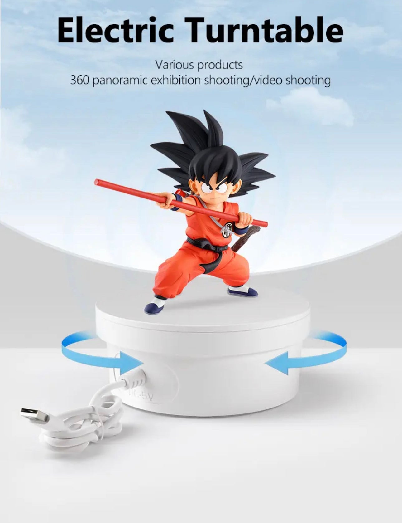 Miniatures 360° electronic display turntable with figure, USB powered, ideal for panoramic shooting.