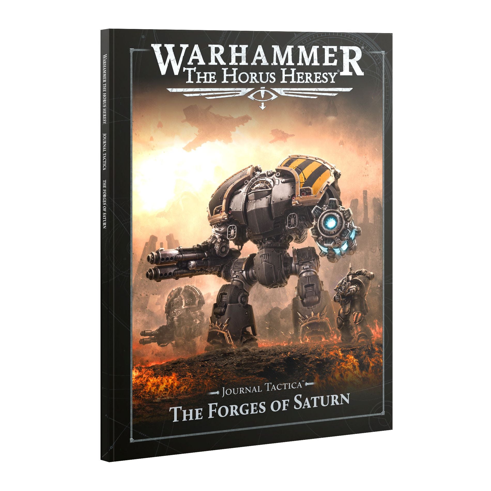 Open journal page from "Tactica: The Forges of Saturn" by Games Workshop, featuring detailed artwork and strategic notes.