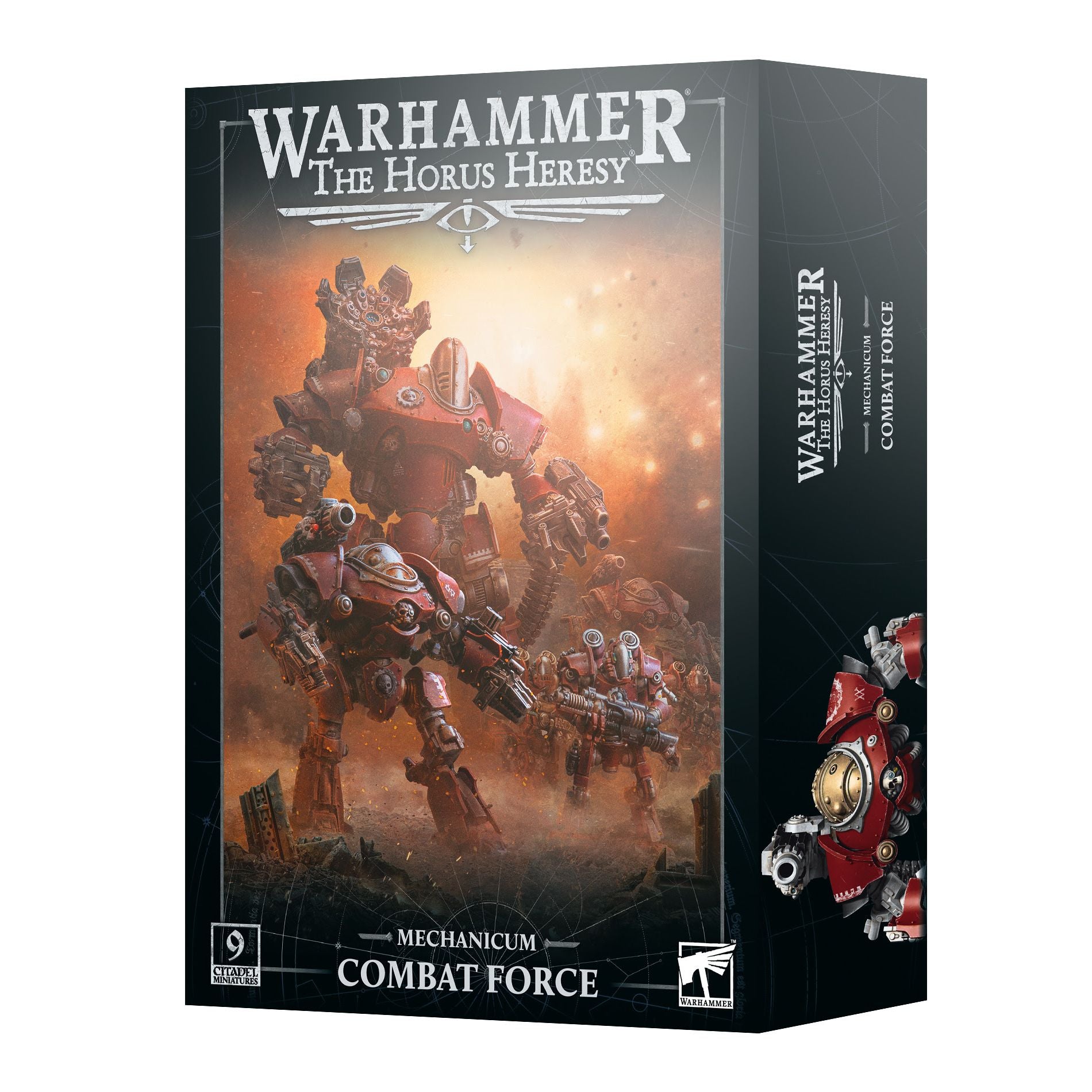 Close-up of the Mechanicum Combat Force miniatures from Games Workshop, featuring detailed robot and mechanized soldier models.