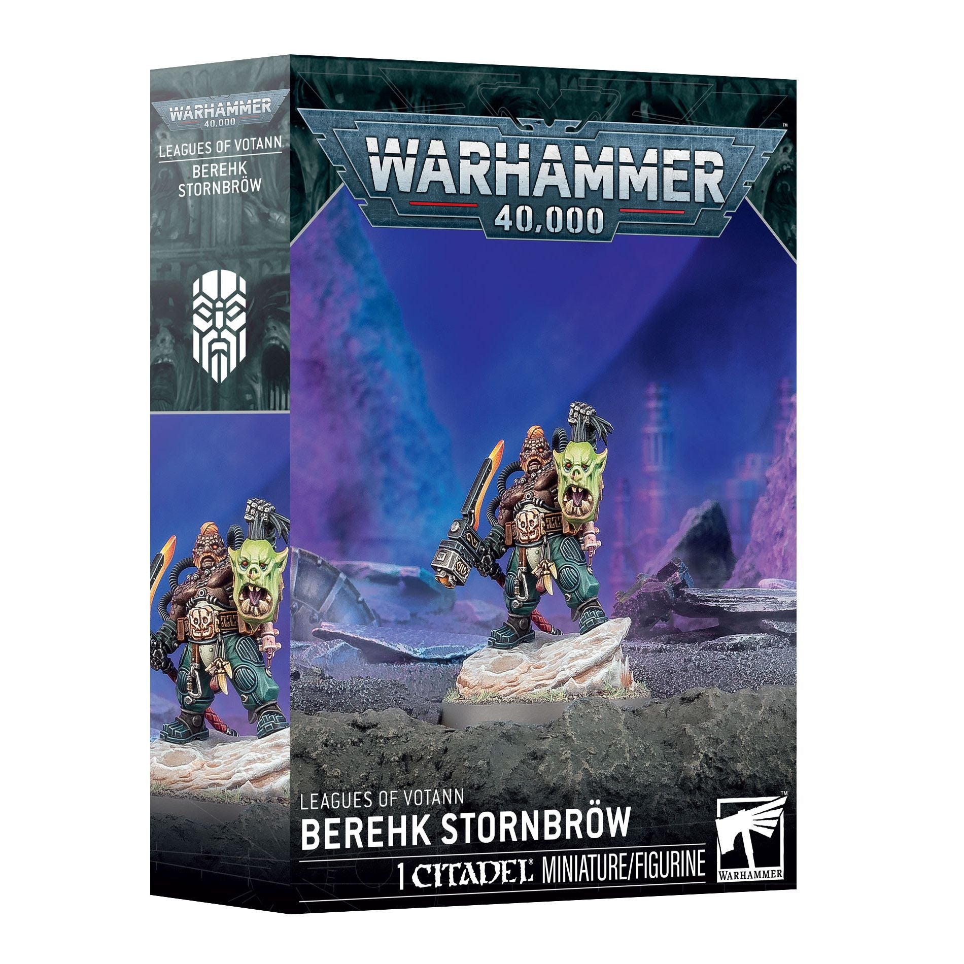 Close-up of Leagues of Votann: Berehk Stornbrow miniature from Games Workshop, showcasing detailed armor and weaponry.