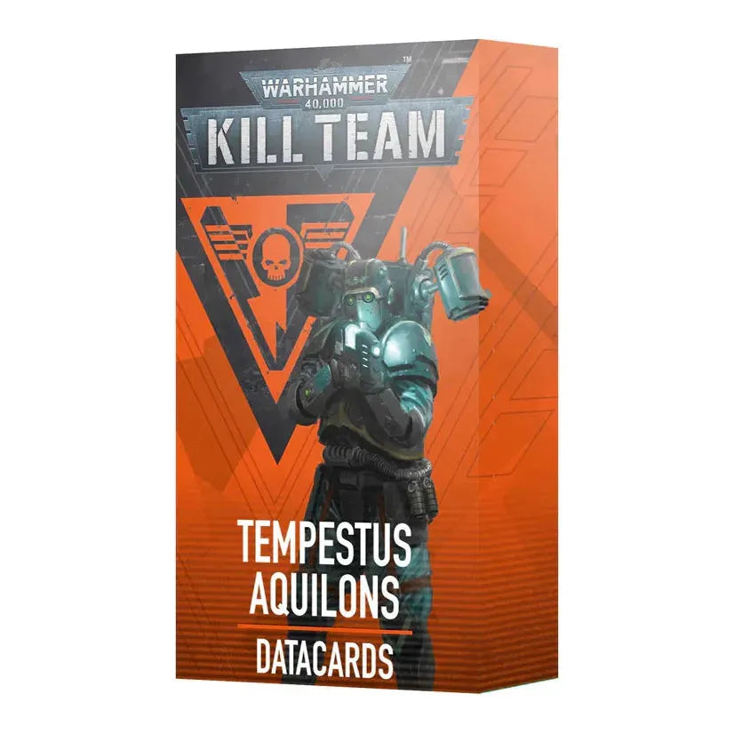 Kill Team Datacards: Tempestus Aquilons box with operatives illustration and 34 card details.