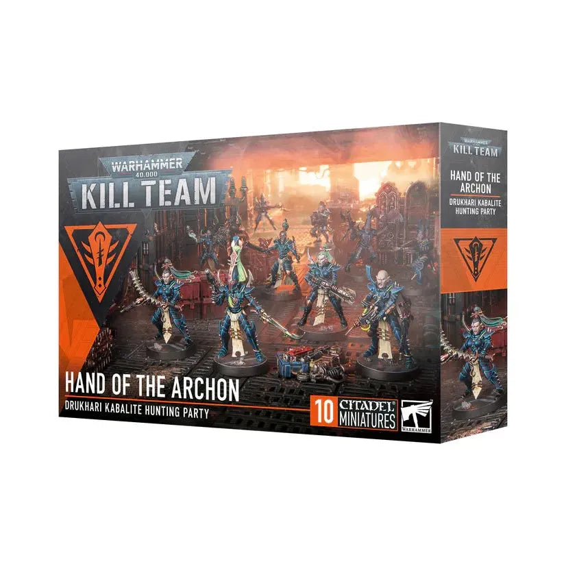 Kill Team: Hand of the Archon box with 10 Kabalite miniatures and accessories.