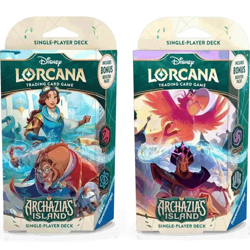 Lorcana: Archazia's Island Starter Deck packaging for pre-order, includes Disney-themed cards and bonus booster pack.