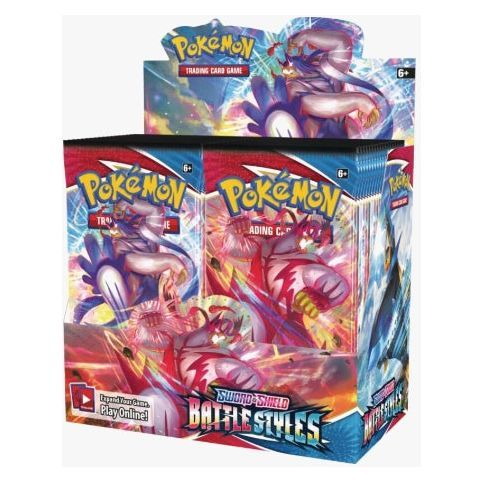 Pokemon: Battle Styles Booster Box with 36 packs, featuring Single Strike and Rapid Strike mechanics.