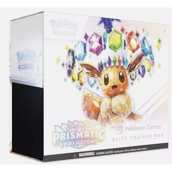 Pokémon Center Prismatic Evolutions Elite Trainer Box featuring Eevee artwork.