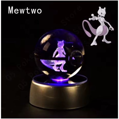 Pokémon Theme 3D Crystal Ball featuring MewTwo with LED lamp base.
