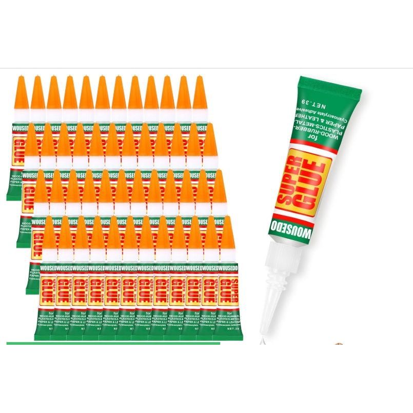 Super Glue Single tubes arranged in a grid pattern with one tube enlarged on the right.