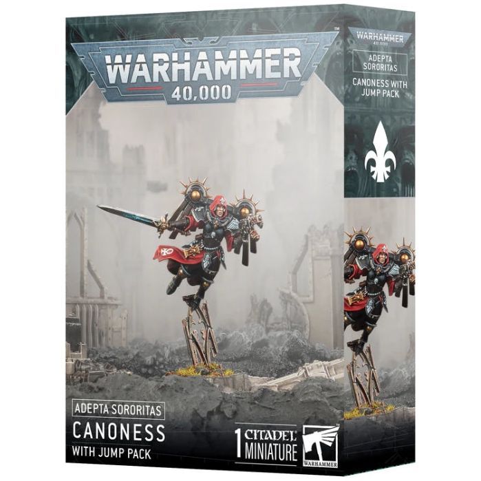 Warhammer 40000 Adepta Sororitas Canoness with Jump Pack model kit box.