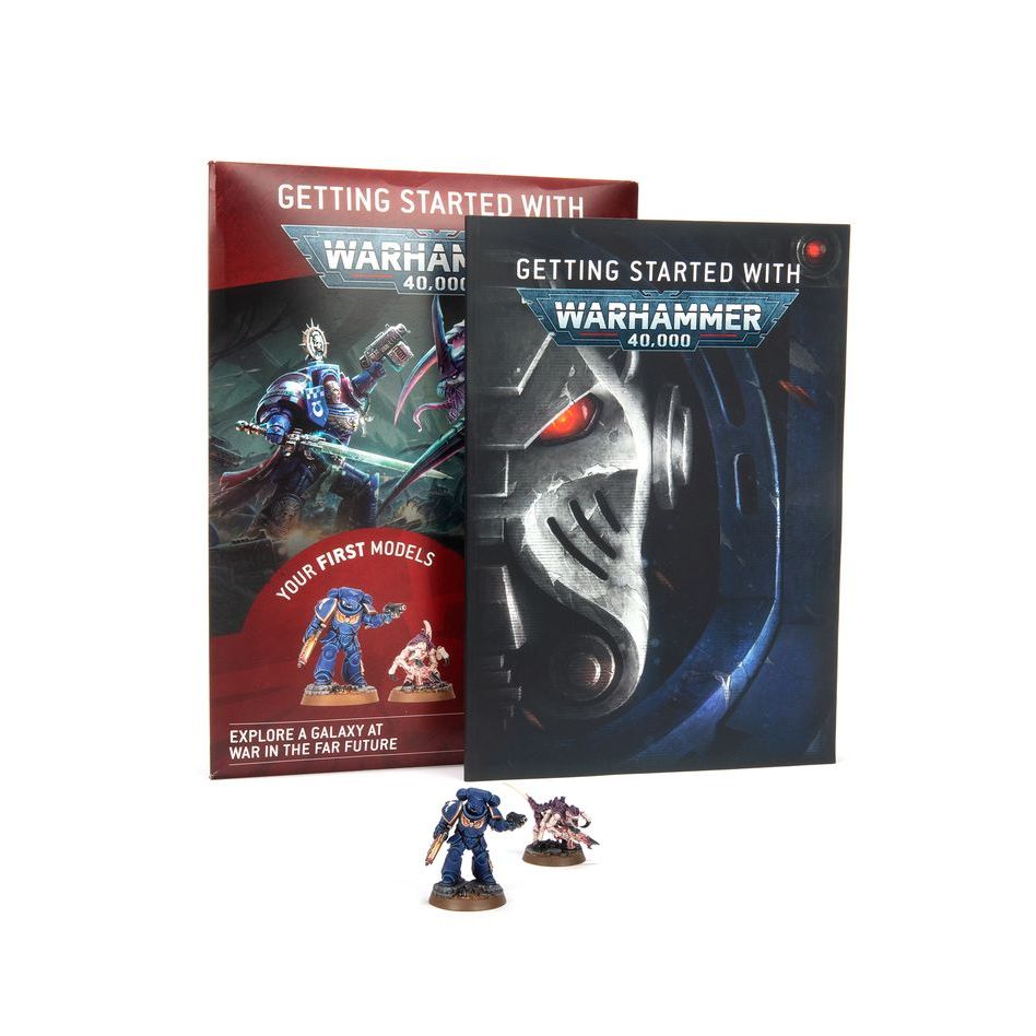 Warhammer 40000 10th Edition starter set with Space Marines and Tyranids miniatures.