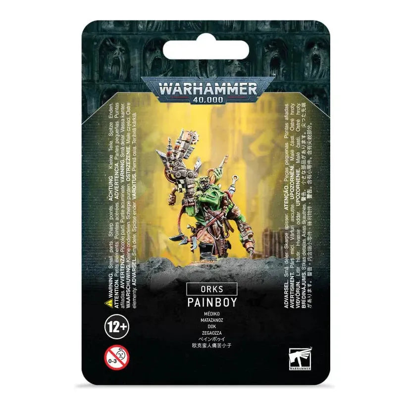 Ork Painboy miniature with Dok's tools and 'urty syringe on 32mm base.