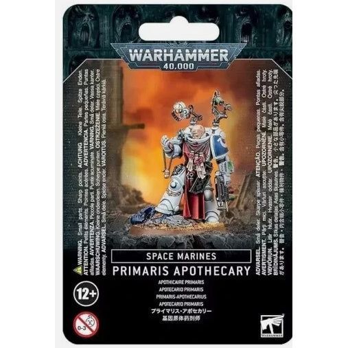 Primaris Apothecary Space Marine model kit with accessories and Ultramarines transfer sheet.